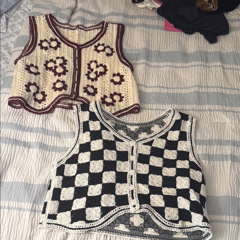 Crochet Sleeveless Tops - Black & White Checkered and Cream Floral